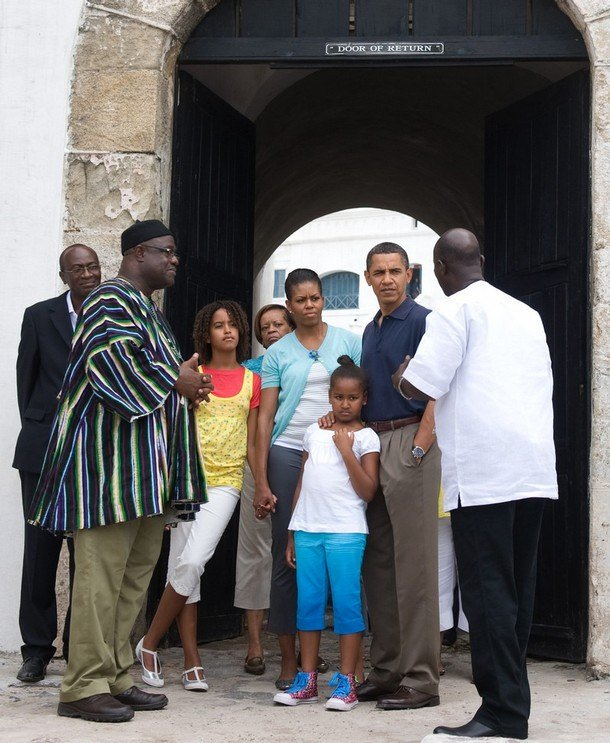 Figure 2:  President Obama with his family in front of the symbolic ‘Door of Return’ during their tour of the dungeons at the Cape Coast Castle in 2009