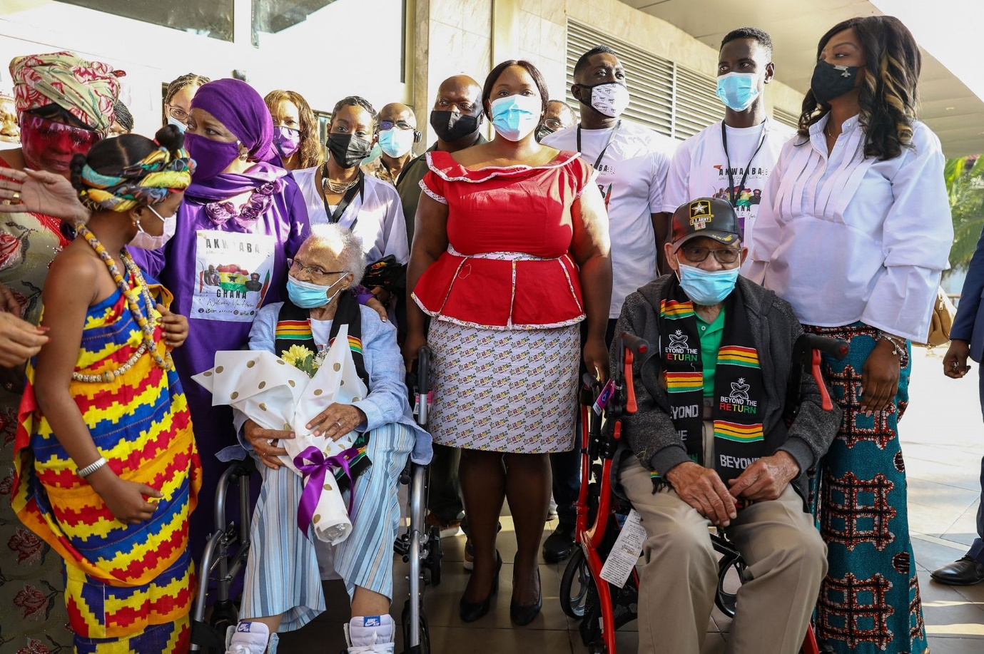 Figure 3: Viola Fletcher and her brother Hughes Van Ellis arrive in Ghana in 2021